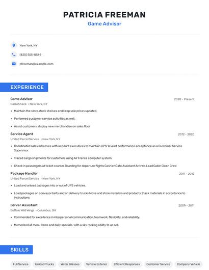 Game Advisor Resume