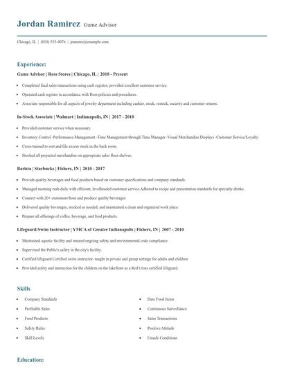 Game Advisor Resume
