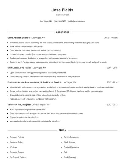 Game Advisor Resume