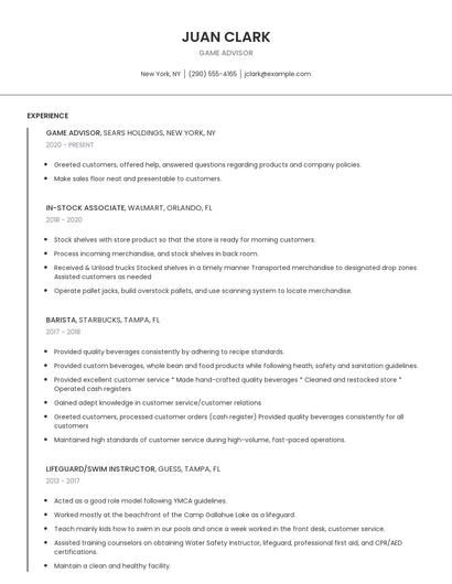 Game Advisor Resume