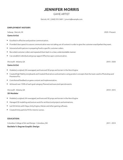 Game Artist Resume
