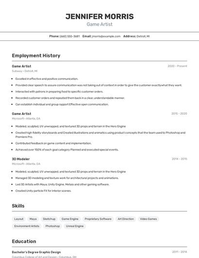 Game Artist Resume