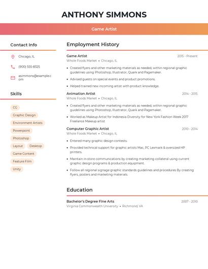 Game Artist Resume