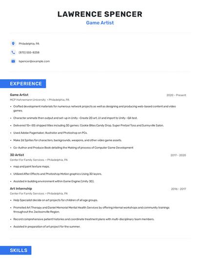Game Artist Resume