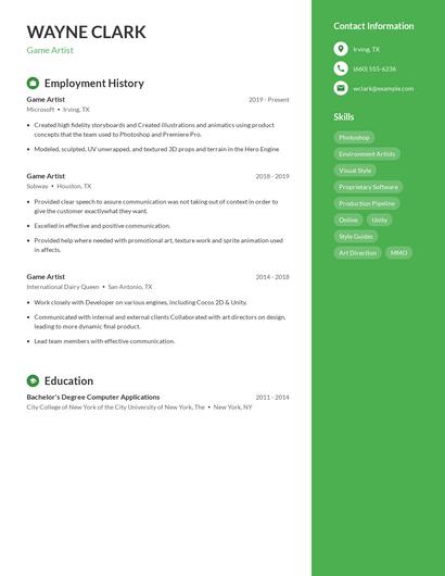 Game Artist Resume