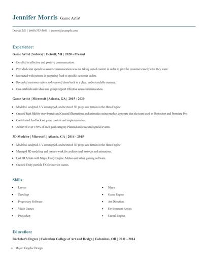 Game Artist Resume
