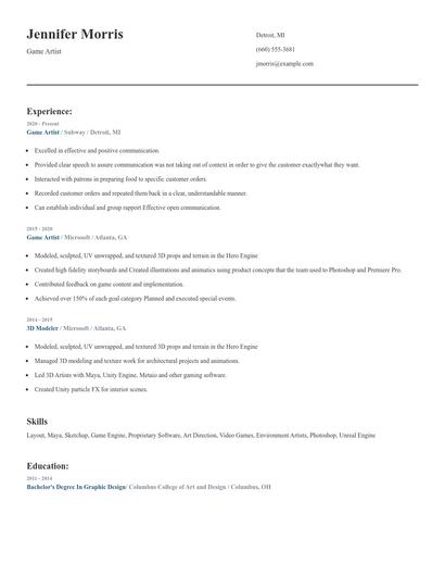 Game Artist Resume