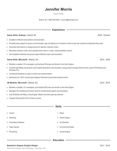 Game Artist Resume