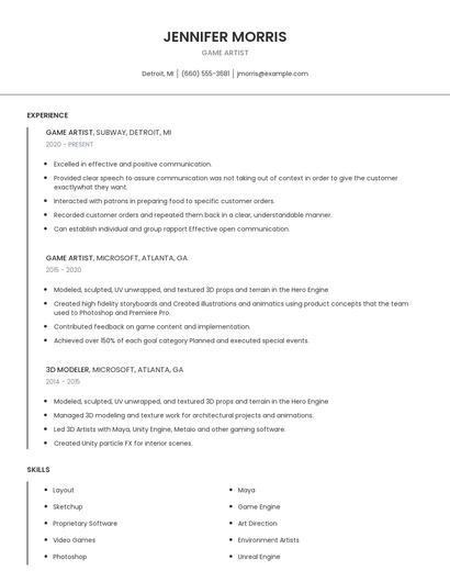Game Artist Resume