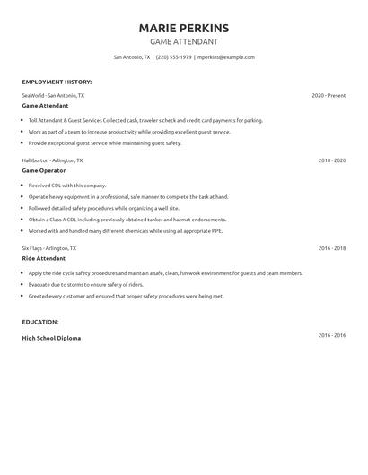 Game Attendant Resume