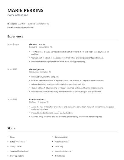 Game Attendant Resume