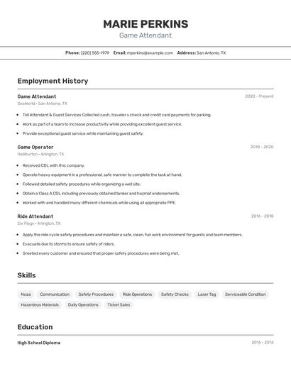 Game Attendant Resume