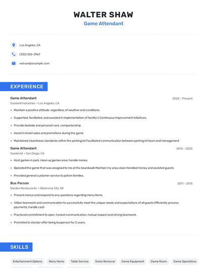 Game Attendant Resume