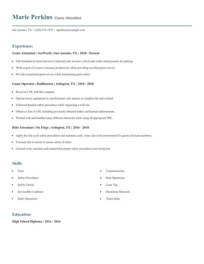 Game Attendant Resume