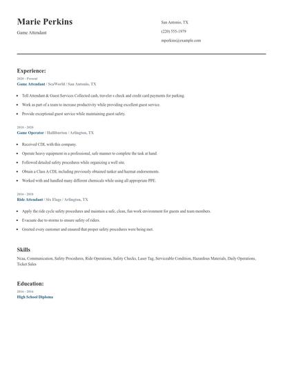 Game Attendant Resume