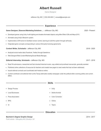 Game Designer Resume