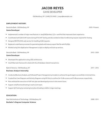 Game Developer Resume