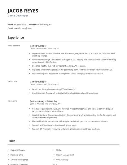 Game Developer Resume
