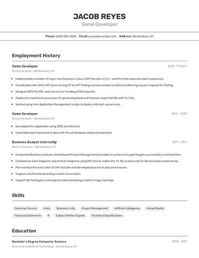 Game Developer Resume