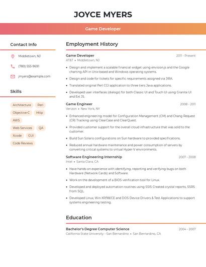 Game Developer Resume