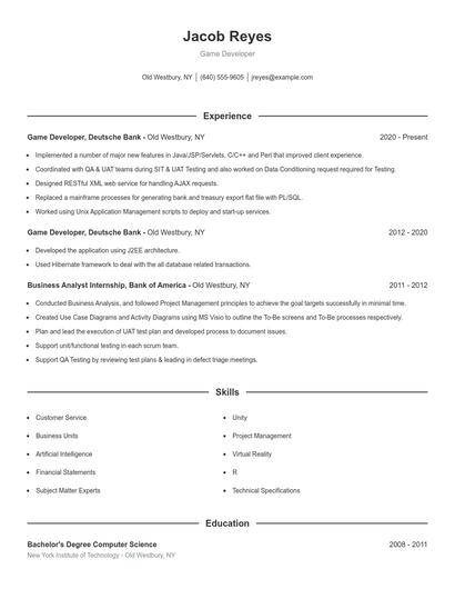 Game Developer Resume