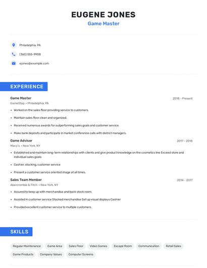 Game Master Resume