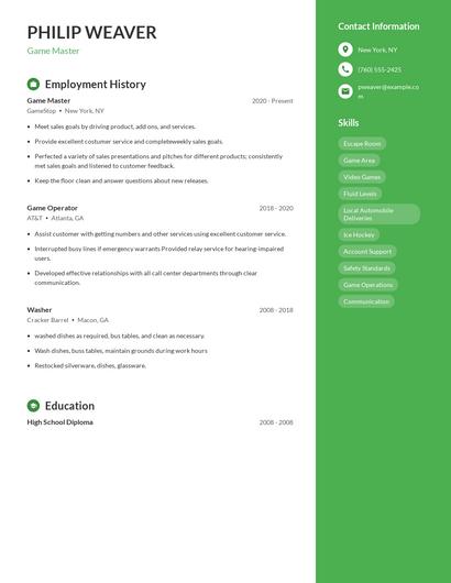 Game Master Resume