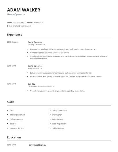 Game Operator Resume