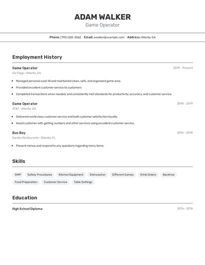 Game Operator Resume