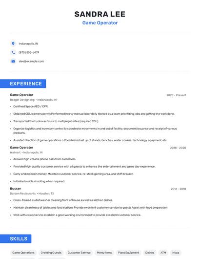 Game Operator Resume
