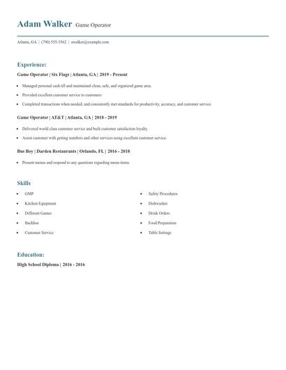 Game Operator Resume