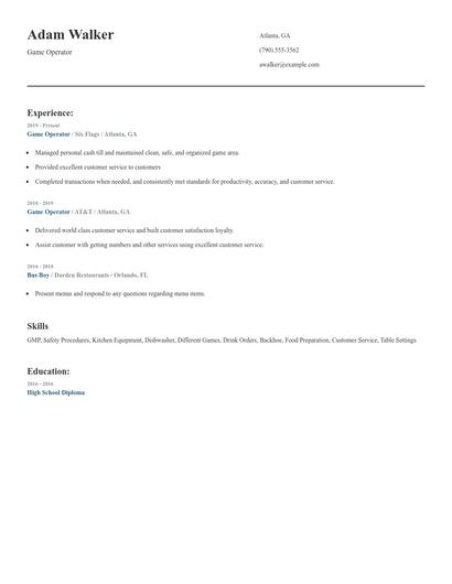 Game Operator Resume