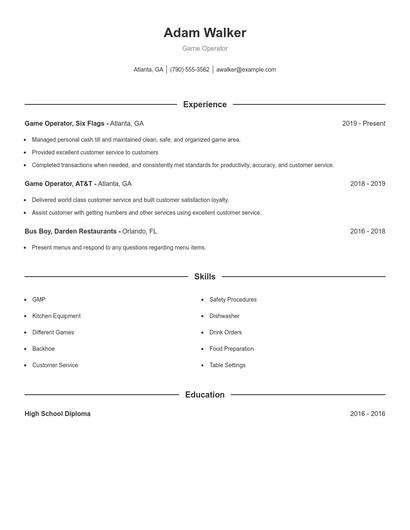 Game Operator Resume