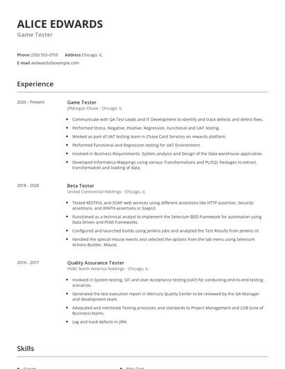 Game Tester Resume