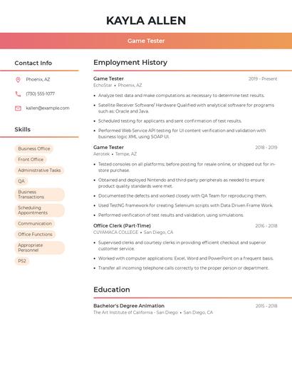 Game Tester Resume