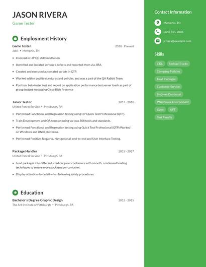 Game Tester Resume