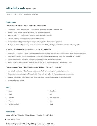 Game Tester Resume