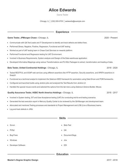 Game Tester Resume