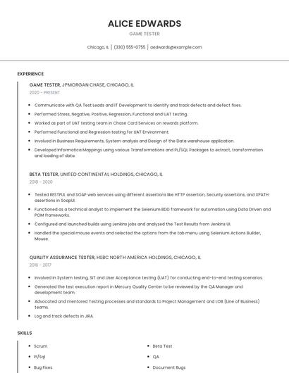 Game Tester Resume