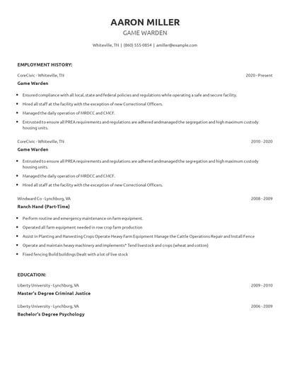 Game Warden Resume