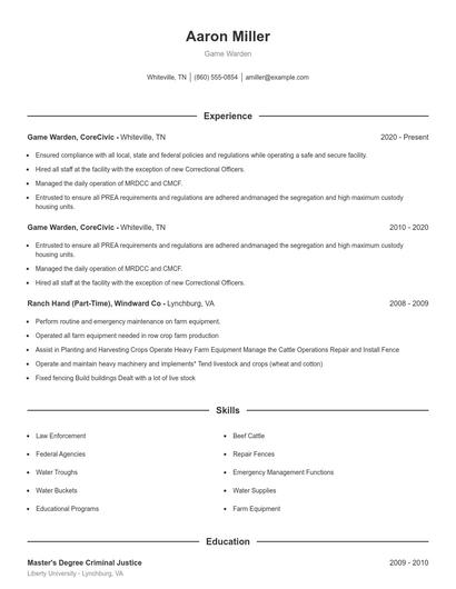 Game Warden Resume