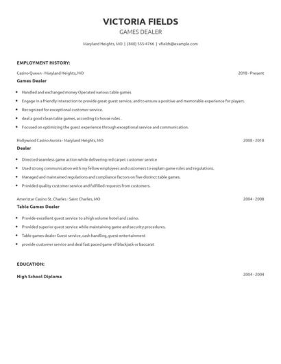 Games Dealer Resume