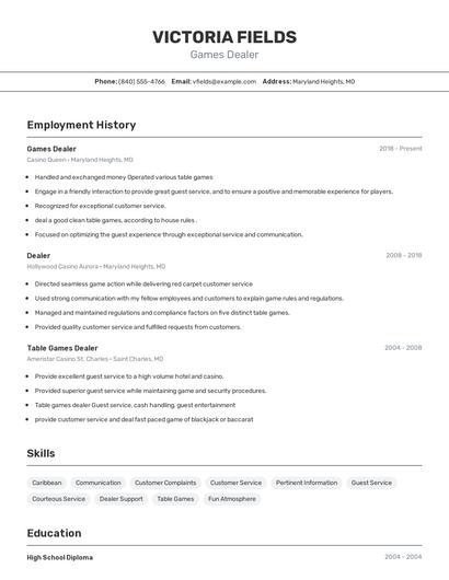Games Dealer Resume