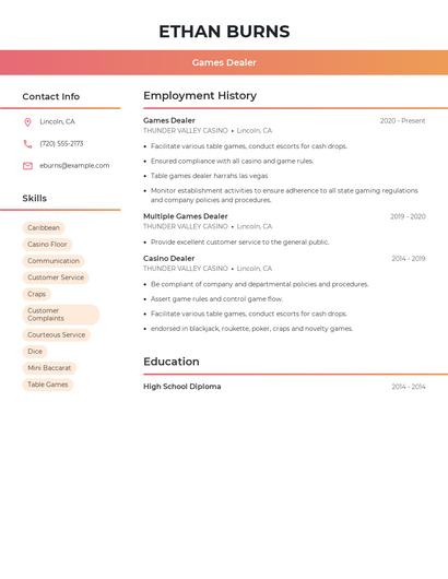 Games Dealer Resume