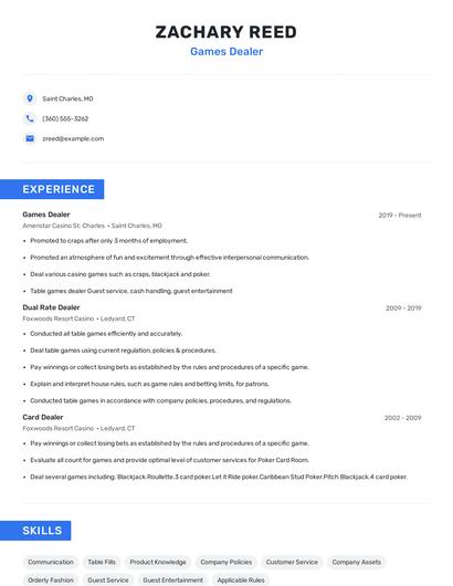 Games Dealer Resume