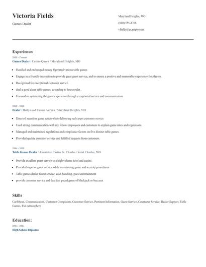 Games Dealer Resume