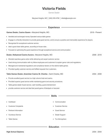 Games Dealer Resume
