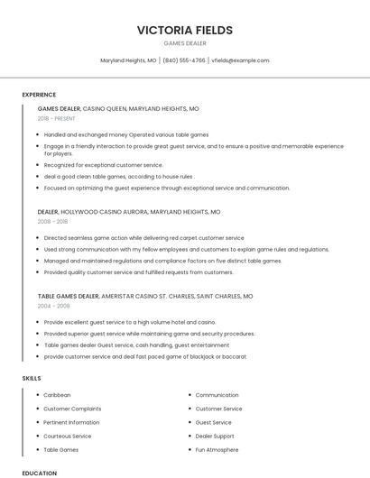 Games Dealer Resume
