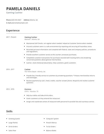 Gaming Cashier Resume