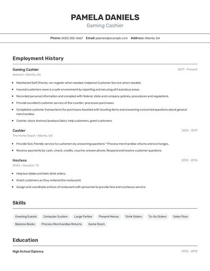 Gaming Cashier Resume